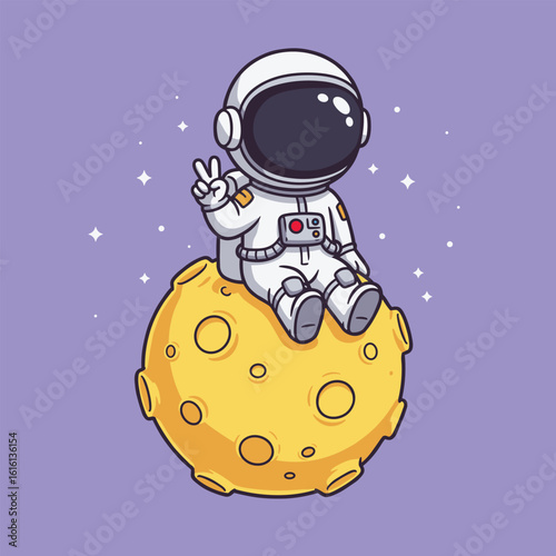 Adorable cartoon astronaut sitting on a yellow moon making a peace sign vector illustration