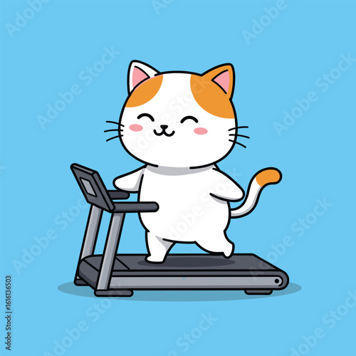 Cute cartoon cat happily exercising on a treadmill in a bright blue background vector illustration