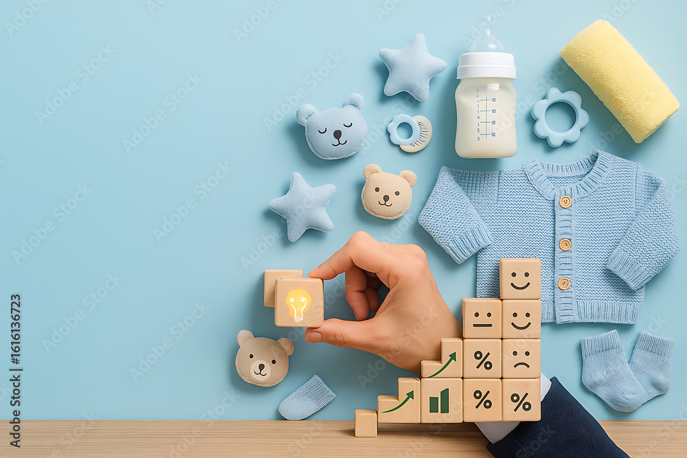 Obraz premium Hand placing lightbulb block among baby items, creative parenting and baby care innovation, growth and happiness