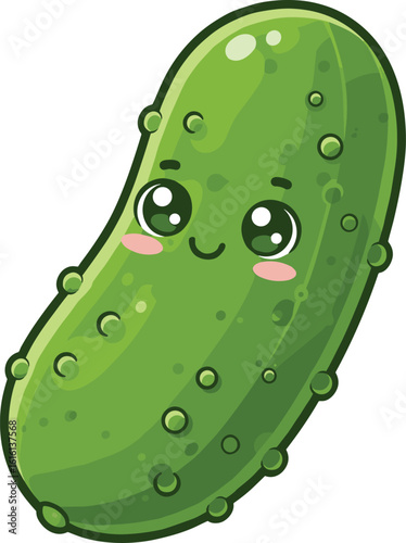 Adorable kawaii cartoon pickle with big expressive eyes and rosy cheeks vector illustration