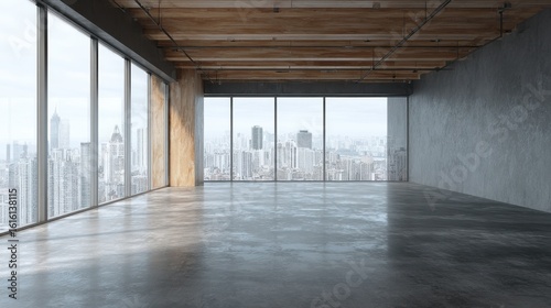 Empty loft style room with concrete floor and city view 3D Render  no logos  no brands