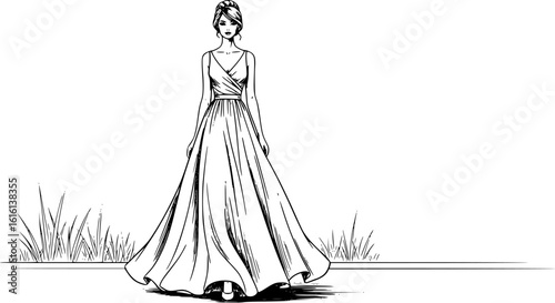 Elegant woman modeling a gown in minimalist line art