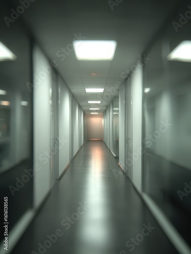 A blurred view of an office hallway with fluorescent lighting and various closed doors