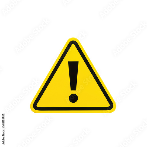 A precisely rendered, bright yellow equilateral triangle with a thick black border and a bold black exclamation mark, isolated on a transparent background with copy space, top-down flat lay, studio
