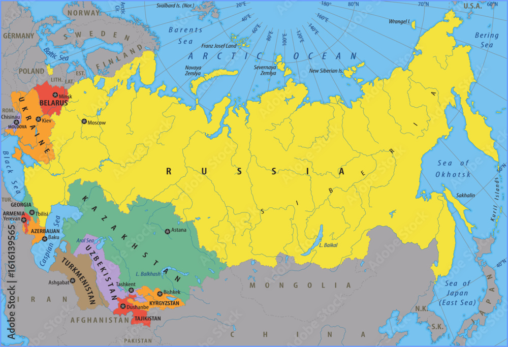 Obraz premium Vector ukraine, russia, belarus, moldova, kazakhstan, uzbekistan, turkmenistan, armenia, azerbaijan, georgia, tajikistan, kyrgyzstan, lithuania, latvia, estonia, republics of soviet union on world map