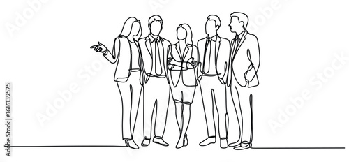 Minimalist black line art of five business professionals standing together in suits, symbolizing corporate alignment, teamwork, and group leadership