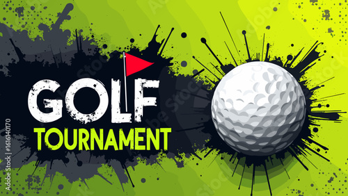 Modern Golf Tournament Poster – Bold Graphic Design with White Golf Ball, Red Flag, and Lime Green Grunge Textures