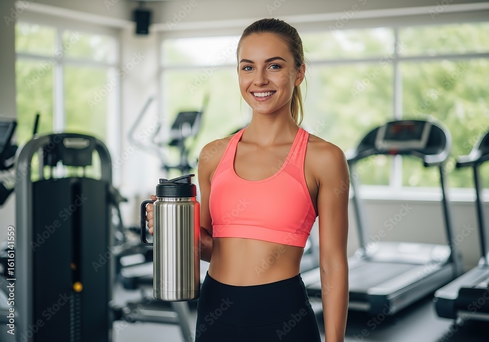 Smiling woman in athletic wear holding a water bottle in a gym with treadmills in the background Smiling woman in athletic wear holding a water bottle in a gym with treadmills in the background