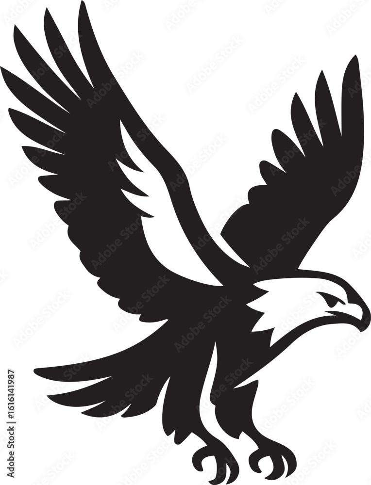 Fototapeta premium Eagle silhouette in flight with wings spread, Flying bird of prey black vector