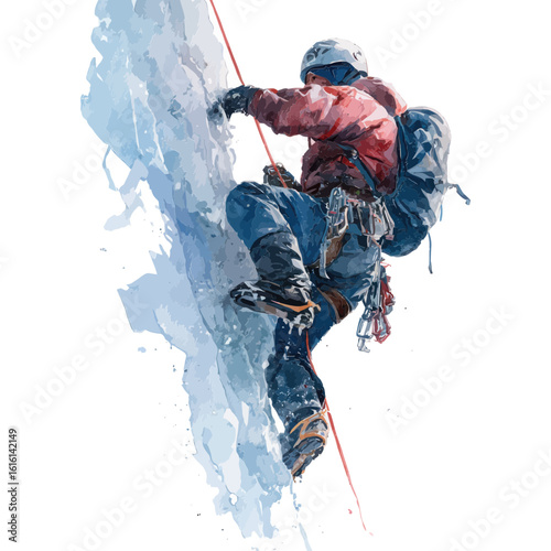 Ice climber scaling a frozen wall with gear isolated on transparent background