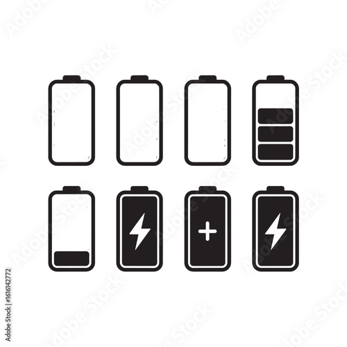 Battery icon set showing different charge levels representing energy consumption and availability in a minimalist design for technology projects