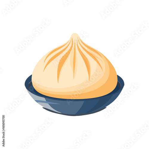 A close-up of a dumpling with its distinctive pleats and a round shape, resting gracefully on a plate