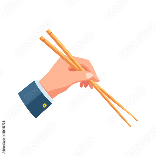 A hand holding chopsticks, ready to enjoy a meal. The hand, with manicured nails, suggests an air of refinement and anticipation