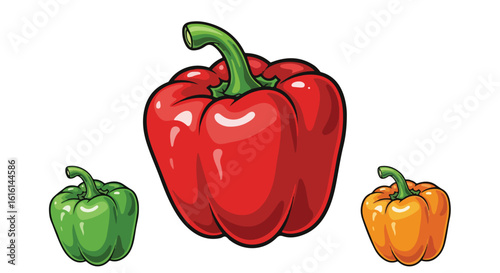 Vibrant Red Green and Orange Bell Peppers with Shiny Texture.