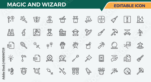 Magic And Wizard line icon set. Simple line vector icons. Editable vector. Magic related icon set. Includes symbols for mystery, wizard, wand, magical, trick, magic, miracle and more.