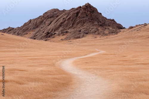 Serene landscape of golden grass meandering path leading toward majestic rocky mountain peak under an expansive overcast sky inviting exploration and connection with nature