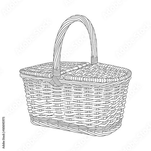 Illustration depicting a woven picnic basket with a handle and a closed lid in a detailed line drawing