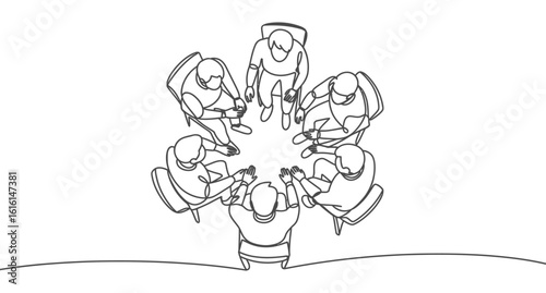 Minimalist illustration of six professionals seated in a circle, symbolizing collaborative dialogue, group therapy, and inclusive teamwork