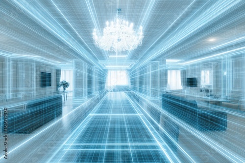 Immersive digital visualization of a luxurious living space  featuring high-tech design elements  sleek furnishings  and ethereal lighting effects creating a modern aesthetic ambience