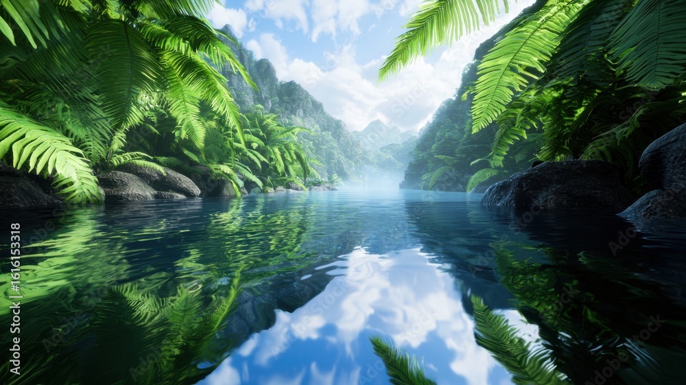 Fototapeta premium A serene tropical river flowing between lush green ferns and rocky cliffs under a partly cloudy sky.
