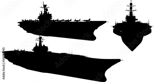 Set of 3 Aircraft Carrier Silhouette Vector Illustration Bundle isolated on white background