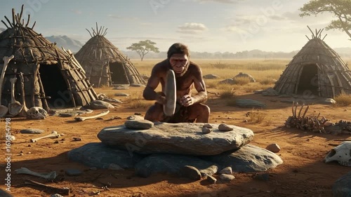 An early human uses stone tools to create fire in a prehistoric village setting, showcasing