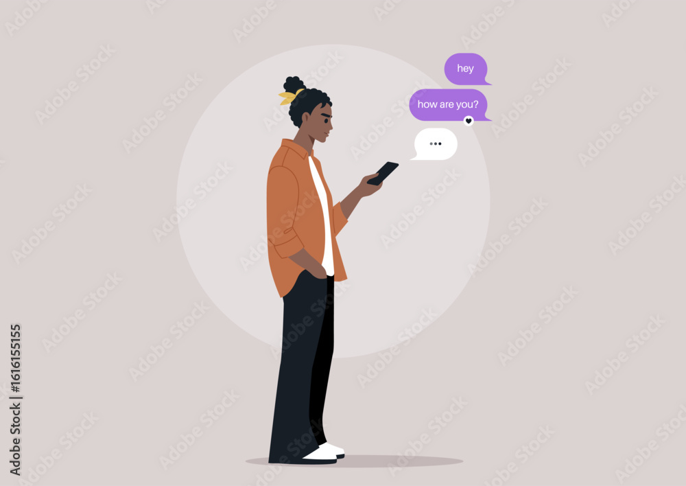Fotografie Casual Digital Conversation, A character Texting on their Phone, a millennial st
