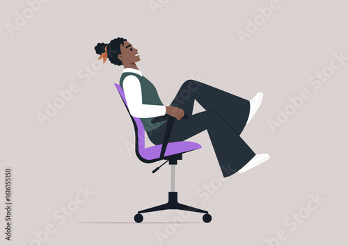 Cheerful manager rolling in an office chair, embracing a fun and playful moment at work, Team-building and joy in the workplace concept