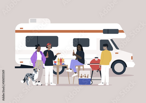 Friends enjoy a vibrant grill party beside their RV, sharing drinks, cooking tasty food, and creating unforgettable memories as a cheerful dog joins the fun