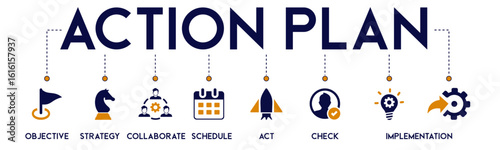 Action Plan website icons vector concept illustrated with an icons of objective, strategy, collaborative, schedule, act, check, implementation, agenda, approach, blueprint, coordination, development.