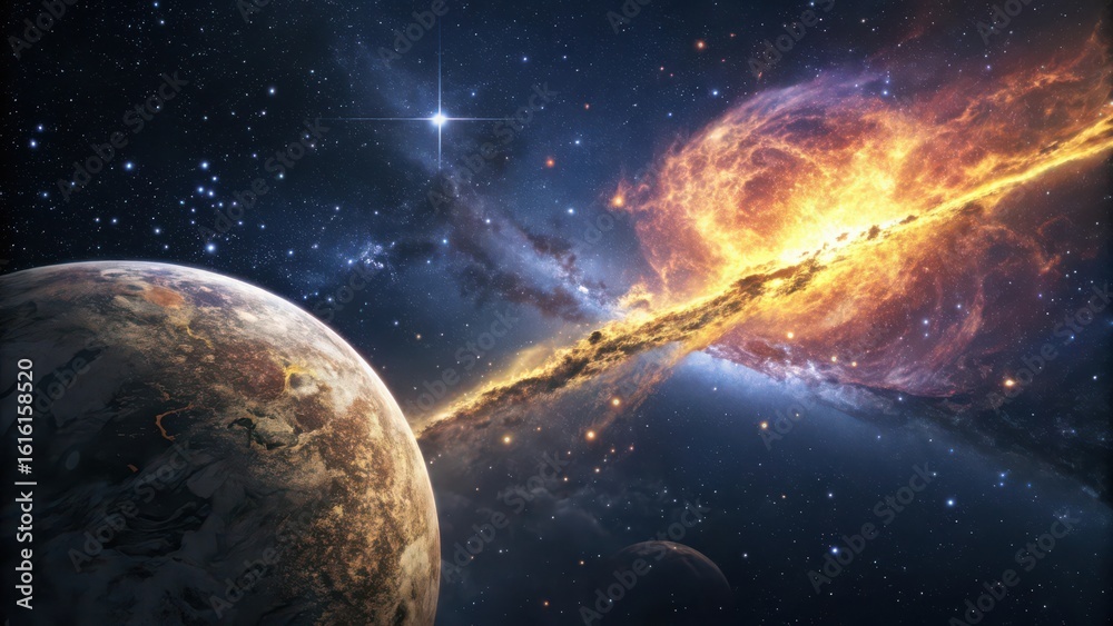 Obraz premium Vibrant nebula and distant planets illuminate the vastness of outer space