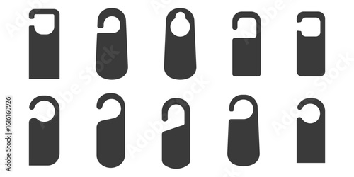 Door hanger do not disturb template. Hotel tag silhouette, set sign, blank. Die empty label hanger on door hotel room. Cardboard signs isolated on white background