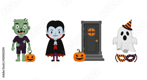 Halloween illustration set. Zombie, vampire, haunted house door, ghost with witch hat, pumpkins, masquerade masks in festive thematic design. Spooky holiday concept. Vector art.