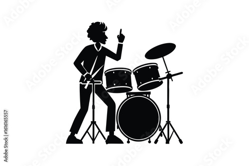 Dynamic Drummer Performing with Energy and Enthusiasm Captured in a Striking Black and White Silhouette Style silhouette drummer plays passion this image