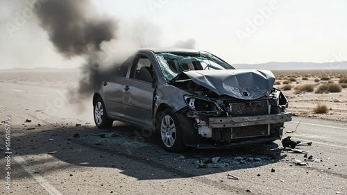 Car Accident Scene with Smoke and Heavy Damage on a Desert Highway, Vehicle on Fire