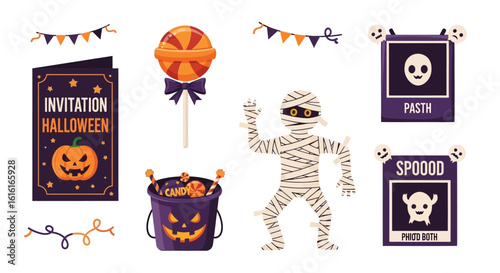 Halloween illustration set. Includes invitation card, candy bucket, lollipop, mummy character, photo booth signs, and festive decorations. Spooky holiday design concept. Vector illustration.