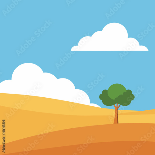 Stylized desert landscape with a lone tree and clouds