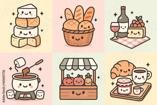 Cute pastel cartoon French food scenes like fondue, market stall, and breakfast tray in anime style. Ideal for kawaii food prints and French cultural designs.