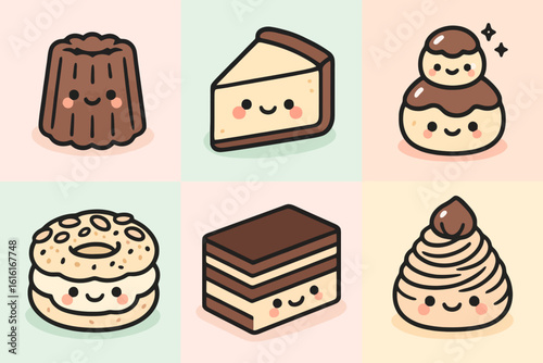 Kawaii French pastry icons featuring canelé, Paris-Brest, and opera cake with pastel backgrounds. Perfect for kawaii dessert stickers and stock illustrations.