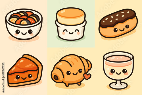 Cute pastel cartoon desserts like mousse and pain au chocolat in anime style. Ideal for kawaii food branding, packaging, and stock designs.