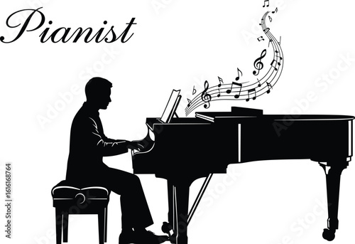 Silhouette pianist playing grand piano with musical notes, elegant scene for music education, recital poster, classical performance, melody design