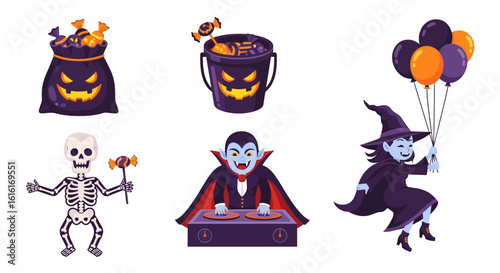 Halloween character and icon set. Skeleton with candy, vampire DJ, flying witch with balloons, and pumpkin-themed candy buckets. Trick-or-treat and festive Halloween concept. Vector illustration.