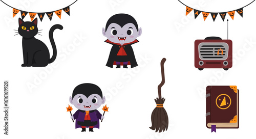 Halloween icon set. Vampire characters, black cat, vintage radio, broomstick, spellbook, and festive pumpkin-themed garlands. Spooky holiday concept. Vector illustration.