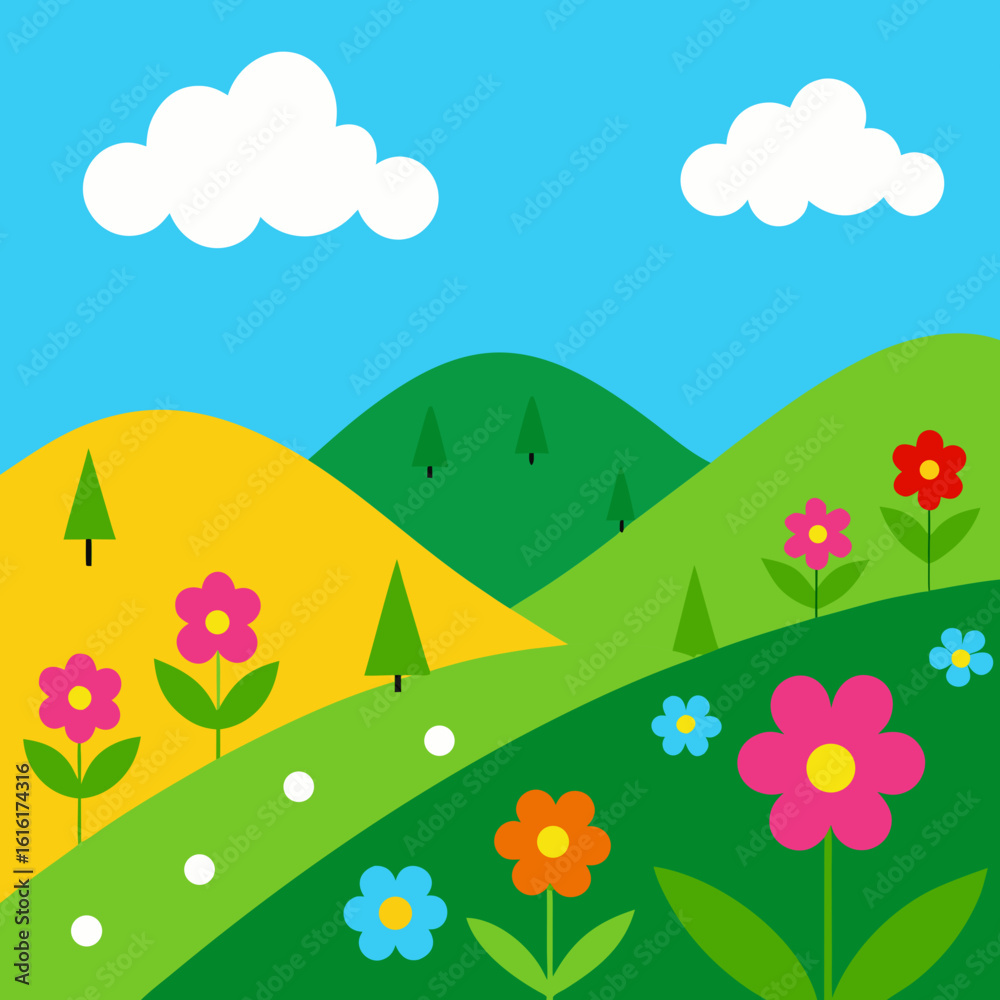 Fototapeta premium Vibrant cartoon landscape with rolling hills and flowers
