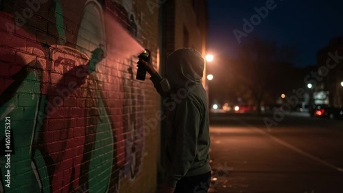 Urban artist creating vibrant graffiti art on a brick wall at night, street atmosphere