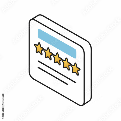 A graphic illustration of a five-star rating review on a white card with a blue bar at the top on a white background