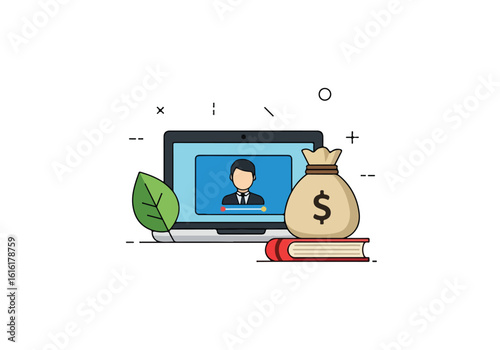 Online Education and Earning Flat Design Illustration with Laptop Money Bag Book and Leaf.
