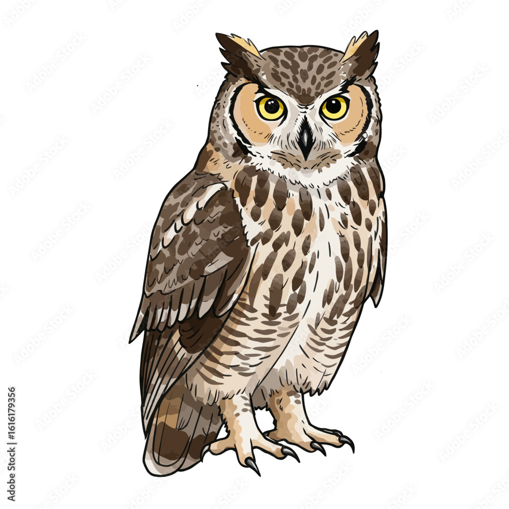 Obraz premium Great Horned Owl Illustration Detailed Wildlife Bird Drawing Isolated White Background