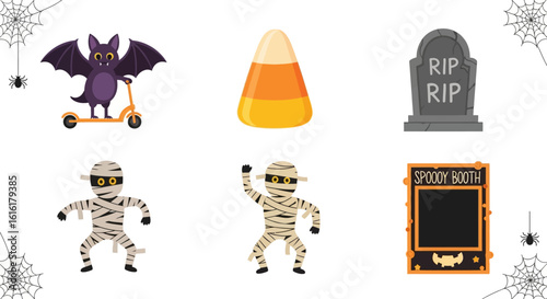 Halloween icon set. Cute bat riding scooter, candy corn, tombstone, mummies dancing, spooky photo booth with bats and spider webs. Festive decoration concept. Vector illustration.