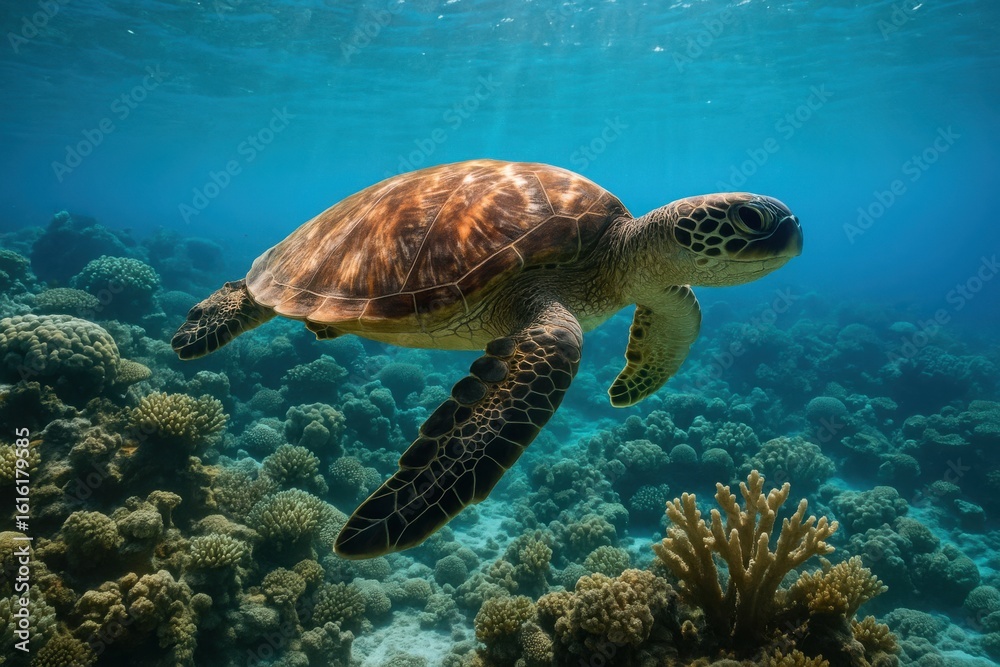 Fototapeta premium Sea turtle swimming over vibrant coral reef in tropical ocean